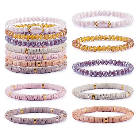 7Pcs 7 Style Handmade Polymer Clay Heishi Surfer Stretch Bracelets Set BJEW-SW00073-04-1