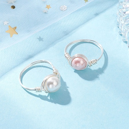 2Pcs Copper Wire Wrapped Shell Pearl Round Bead Finger Rings RJEW-JR00973-1