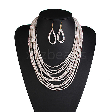 Bohemian Style Glass Seed Beaded Multilayer Necklaces & Teardrop Dangle Earrings Sets WG1B7AB-02-1