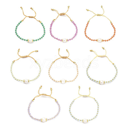 Adjustable Pearl & Glass & Brass Braided Beaded Bracelet for Women BJEW-O187-14-1