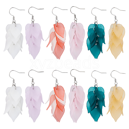 FIBLOOM 6 Pairs 6 Colors Acrylic Leaf Dangle Earrings EJEW-FI0001-73-1