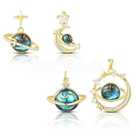 4Pcs 4 Styles Rack Plating Brass Micro Pave Cubic Zirconia Pendants KK-YW0002-79-1