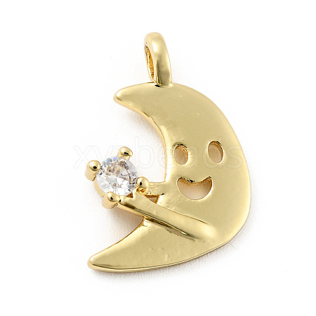 Moon with Smiling Face Brass Micro Pave Clear Cubic Zirconia Pendants KK-G425-07G-1