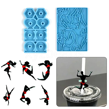 Exercising Women Shaped Straw Topper Silicone Mold Sets DIY-L067-I02-1
