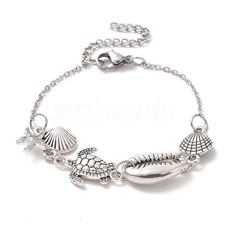 Shell & Starfish & Turtle Alloy Charm Bracelet for Women BJEW-JB09354-1