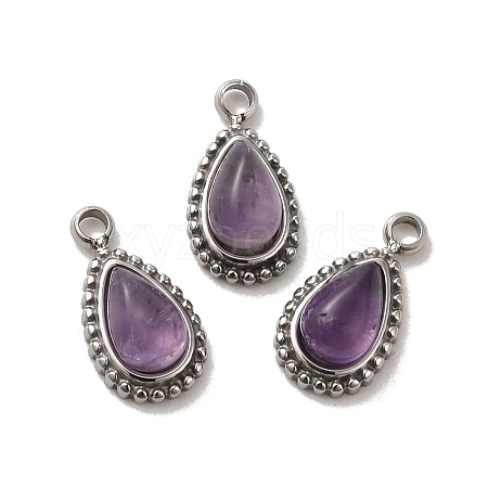 304 Stainless Steel Pave Natural Amethyst Teardrop Charms STAS-B074-04P-04-1