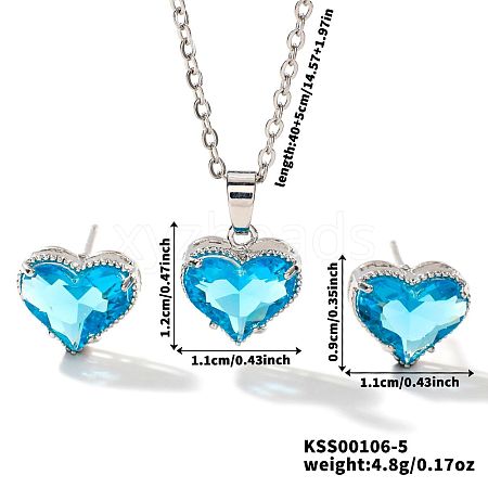 Brass Glass Heart Stud Earrings & Pendant Necklaces Sets for Women MH6858-5-1