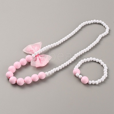 Plastic Bowkont Pendant Necklace and Round Beaded Stretch Bracelet SJEW-TAC0002-02-1