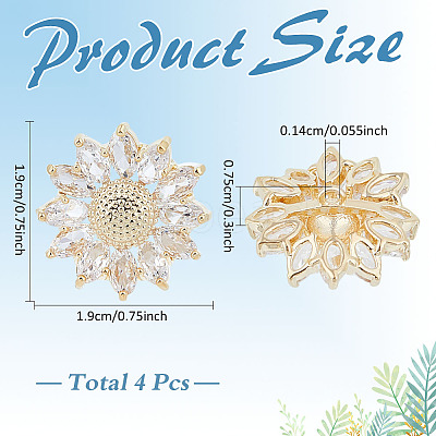 4Pcs 1-Hole Brass Pave Clear Cubic Zirconia Buttons BUTT-MA0001-15A-G-1