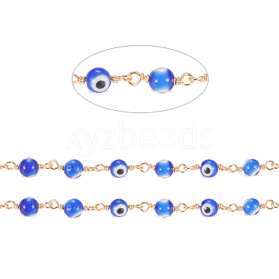 3.28 Feet Handmade Evil Eye Lampwork Round Beaded Chains X-CHC-G009-B-G05-1