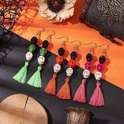 3 Pairs 3 Colors Halloween Skull Synthetic Dyed Turquoise Dangle Earrings EJEW-JE05883-1