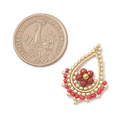 Faceted Round Natural Red Jasper & Glass Seed Beaded Pendants PALLOY-MZ01097-03-1