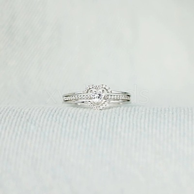 2Pcs Heart 925 Sterling Silver Micro Pave Clear Cubic Zirconia Finger Rings for Women FS-WG4005F-02-1
