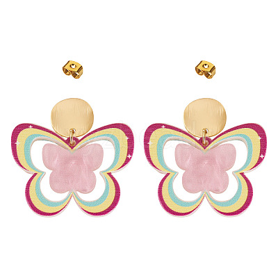 Brass Printing Acrylic Butterfly Dangle Stud Earrings EJEW-TA00672-1