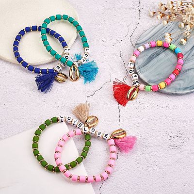 5Pcs 5 Colors Word Love Beads Stretch Bracelets Set for Girl Women BJEW-SZ0001-97-1