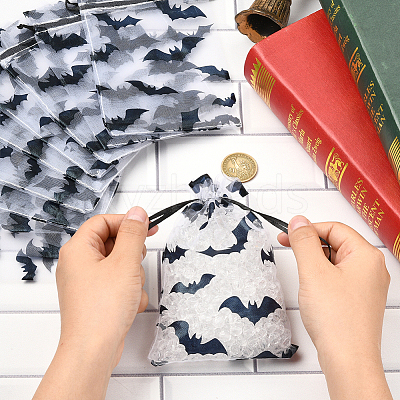 Halloween Theme Bat Printed Organza Drawstring Bags ABAG-WH20021-006D-1