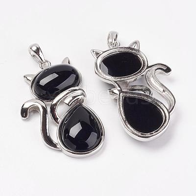 Natural Black Agate Kitten Pendants G-G713-B05-1