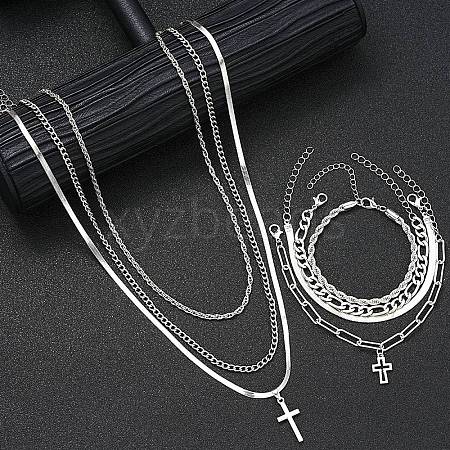 7Pcs Alloy Cross Pendant Necklaces & Bracelet Sets for Unisex PW-WGF8A56-01-1