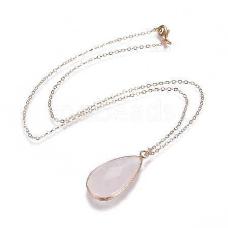 Teardrop Natural Rose Quartz Pendant Necklaces NJEW-JN02321-03-1