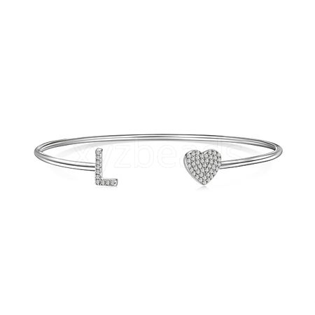 Anti-Tarnish Heart & Letter Rhodium Plated 925 Sterling Silver Micro Pave Cubic Zirconia Cuff Bangles for Women BJEW-C062-01L-P-1