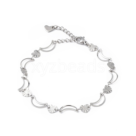 Non-Tarnish 304 Stainless Steel Moon & Heart Link Chain Bracelet for Women BJEW-G669-19P-1