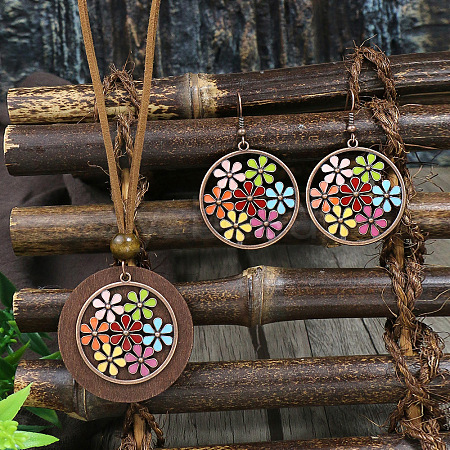 Bohemian Alloy Enamel & Wood Pendant Necklaces & Dangle Earrings Sets WG0DDDA-07-1