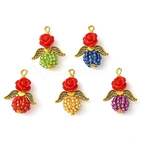 Red Rose Flower Resin & Glass Seed Beads Pendants PALLOY-MZ00289-01-1