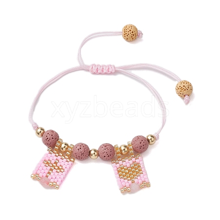 Natural Lava Rock & Natural Rose Quartz & Glass Seed Beaded Braided Bracelets BJEW-MZ00063-02-1