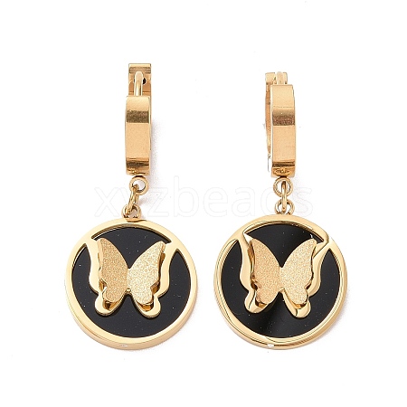 Black Resin Butterfly Dangle Hoop Earrings with EJEW-A082-07G-1