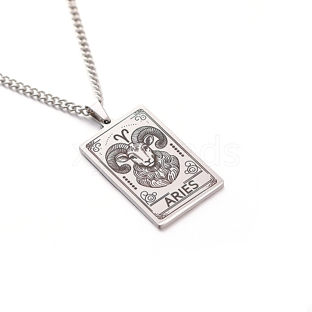 304 Stainless Steel Curb Chain Rectangle with Constellation Pendant Necklaces PW-WG0F5D0-01-1