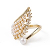 Clear Cubic Zirconia Wing Open Cuff Ring with Plastic Pearl Beaded RJEW-F139-01G-2