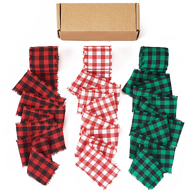 3 Rolls 3 Colors Tartan Cotton Linen Frayed Ribbon OCOR-TAC0035-11A-1