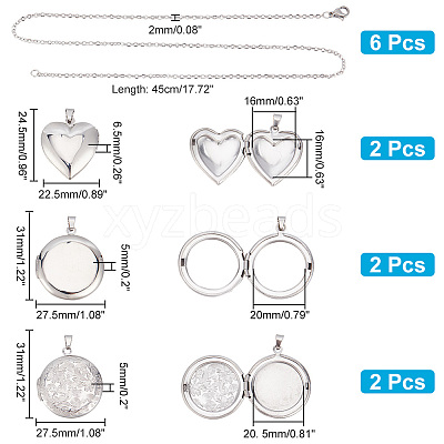 6Pcs 3 Style Heart & Flat Round & Flower 304 Stainless Steel Photo Locket Necklaces Set with Cable Chains for Women NJEW-UN0001-37-1