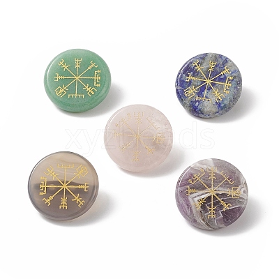 Natural Gemstone Flat Round with Norse Paganism Pattern Brooch Pin JEWB-BR00087-1