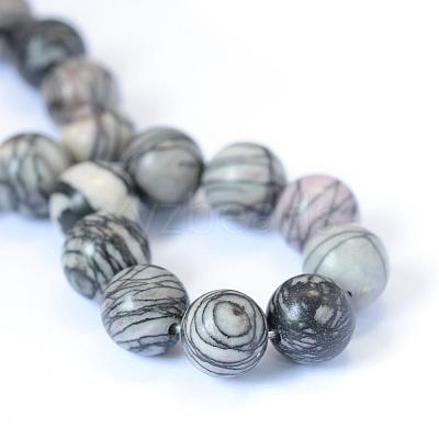 Natural Black Silk Stone/Netstone Round Bead Strands G-E334-8mm-05-1