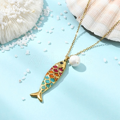Natural Edison Pearl 304 Stainless Steel Enamel Colorful Fish Pendant Cable Chain Necklaces for Women NJEW-JN06126-1