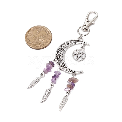 Tibetan Style Alloy Moon with Feather Pendant Decorations HJEW-JM02322-1