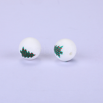 Christmas Printed Round with Christmas Tree Pattern Silicone Focal Beads SI-JX0056A-120-1