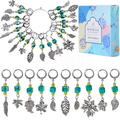Leaf Alloy & Glass Pendant Locking Stitch Markers HJEW-SC00083-1