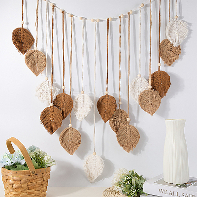 Bohemian Hand-woven Cotton Rope Leaf Tassel with Wood Beads Wall Hanging Ornaments FIND-WH20019-136B-03-1