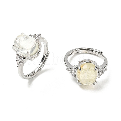 Brass Micro Pave Cubic Zirconia with Synthetic Lemon Quartz Cuff Open Rings RJEW-T035-01P-A-1