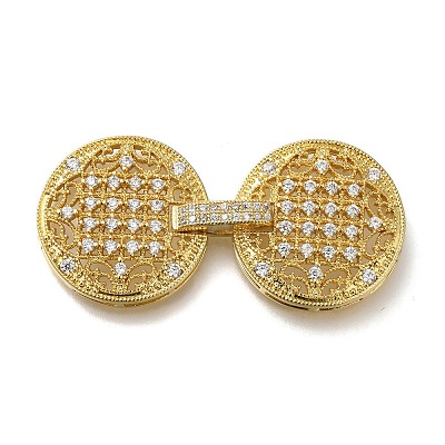 Rack Plating Flat Round Brass Micro Pave Clear Cubic Zirconia Fold Over Clasps KK-H512-08G-1