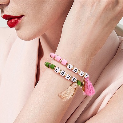 5Pcs 5 Colors Word Love Beads Stretch Bracelets Set for Girl Women BJEW-SZ0001-97-1