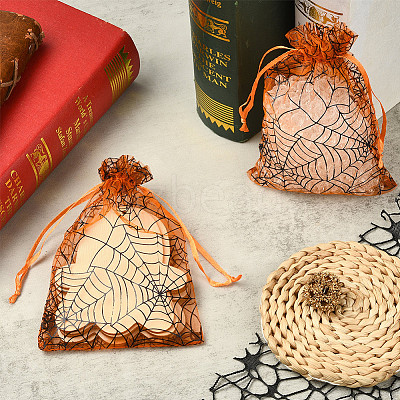 Halloween Theme Spider Printed Organza Drawstring Bags ABAG-WH20021-006C-1