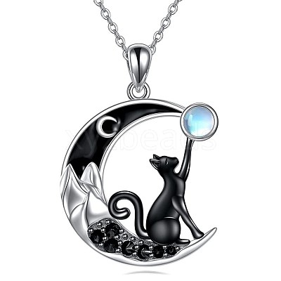 Alloy Jet Rhinestone Enamel Black Moon with Cat Shape Pendant Necklaces for Women WG3CB78-01-1