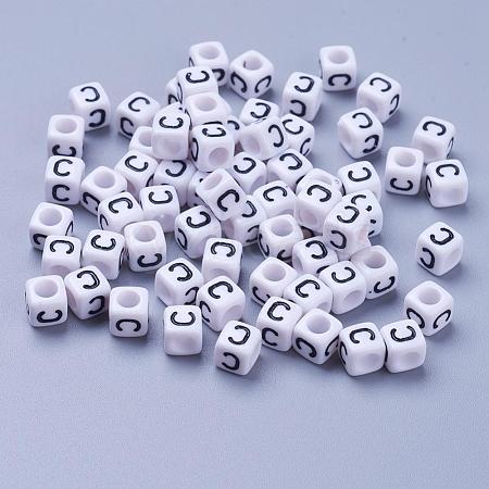 Letter C Cube White Acrylic Beads X-PL37C9308-C-1