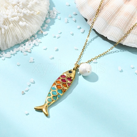Natural Edison Pearl 304 Stainless Steel Enamel Colorful Fish Pendant Cable Chain Necklaces for Women NJEW-JN06126-1