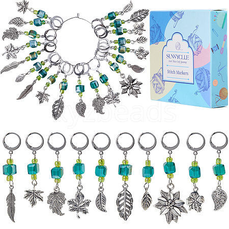 Leaf Alloy & Glass Pendant Locking Stitch Markers HJEW-SC00083-1