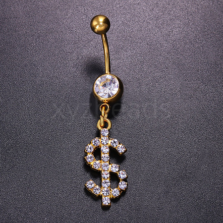 Brass Crystal Rhinestone Dollar Sign Dangle Belly Rings WG58494-01-1