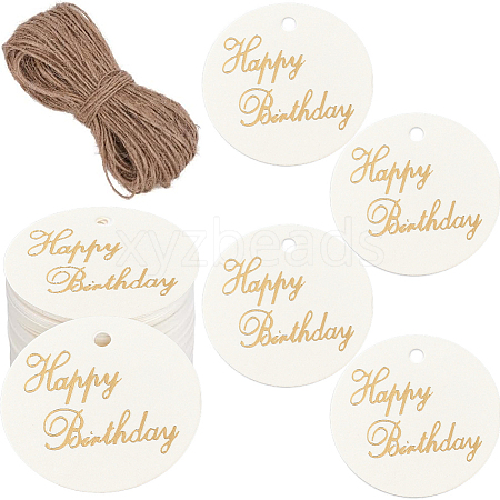 100Pcs Flat Round Gold Stamping Word Happy Birthday Hanging Gift Tags DIY-SP0003-87A-1